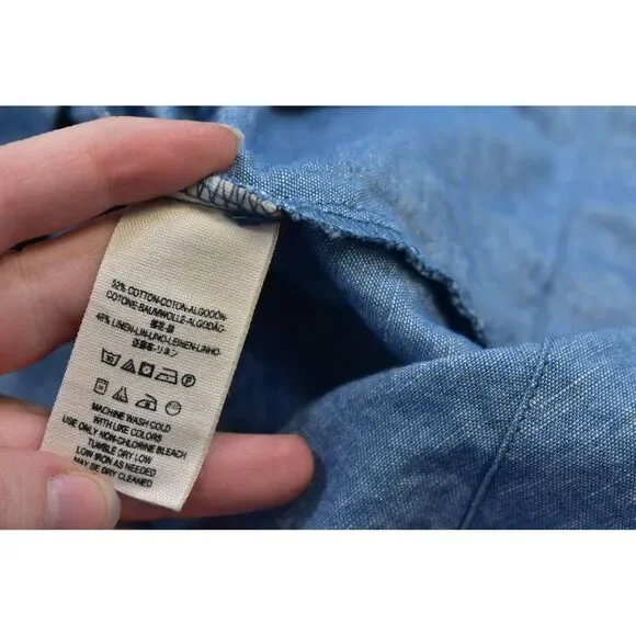 Free People Blue Cotton Linen Blend Show Some Shoulder Chambray Top Womens S - Picture 6 of 7